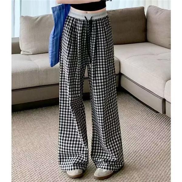 ガウチョパンツ レディース ワイドパンツ 千鳥格子 パンツ 和柄 ウエストゴム 夏ズボン M
