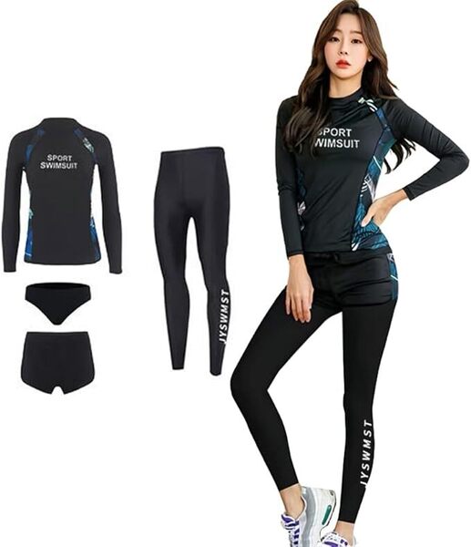 フィットネス水着 レディース 水着 長袖ラッシュガード 体型カバー 上下セット 4点セット UVカット L