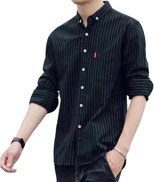 シャツ メンズ 長袖 ストライプ柄 シャツ 無地 カジュアル 2XL