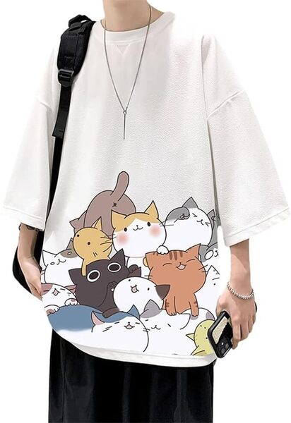 夏服 Tシャツ メンズ 半袖 トップス 無地 ゆったり 猫ロゴ 2xl