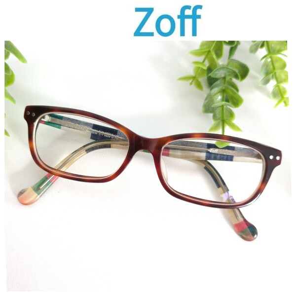 Zoff ゾフ メガネ 眼鏡 スクエア チェック べっ甲 ブラウン 軽量 人気 ユニセックス 度入り ビジネス ネイビー レッド シンプル オシャレ