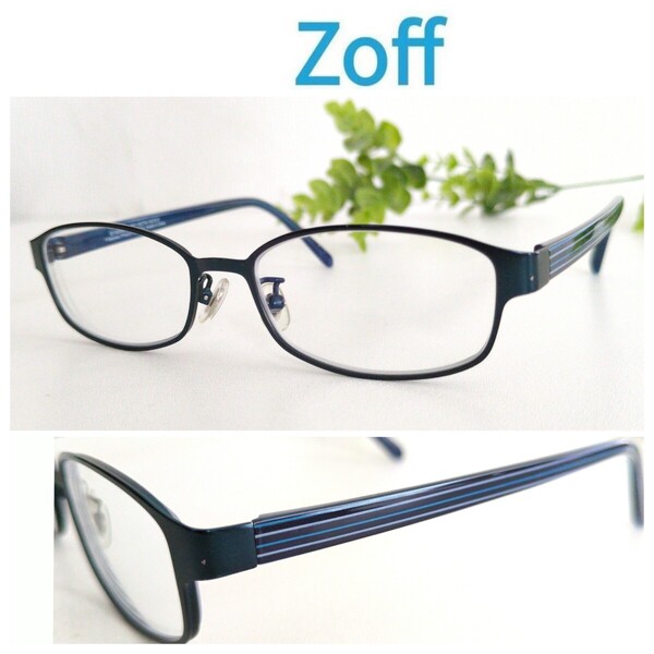 Zoff ゾフ 眼鏡 メガネ ネイビー ブルー ストライプ ボーダー 軽量 ユニセックス ビジネス スクエア メタルフレーム オシャレ シンプル