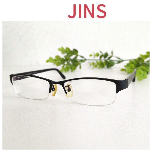 JINS ジンズ 眼鏡 メガネ ブラック ハーフリム スクエア 艶消し 黒 ナイロール 度入り ユニセックス ビジネス オシャレ 人気 定番 軽量