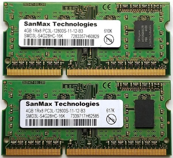 保証付き ノートパソコン用メモリー SanMax Technologies製 PC3L-12800S (DDR3L-1600) 4GB×2枚セット合計8GB No.5c50