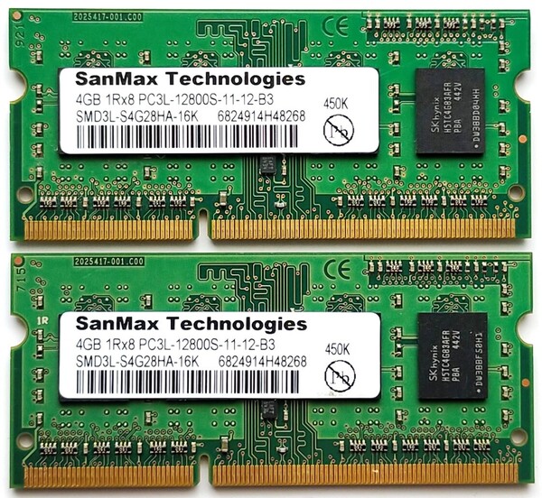 保証付き ノートパソコン用メモリー SanMax Technologies製 PC3L-12800S (DDR3L-1600) 4GB×2枚セット合計8GB No.5c43