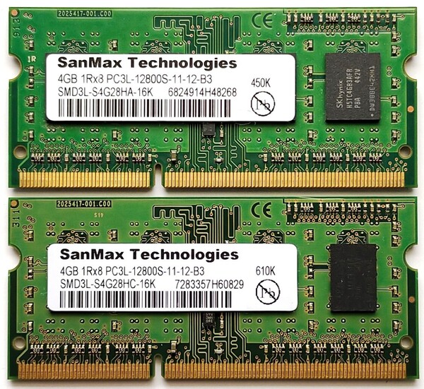 保証付き ノートパソコン用メモリー SanMax Technologies製 PC3L-12800S (DDR3L-1600) 4GB×2枚セット合計8GB No.5c48