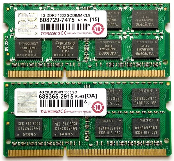 保証付き ノートパソコン用メモリー Transcend(トランセンド)製 PC3-10600S (DDR3-1333) 4GB×2枚セット合計8GB No.5c29