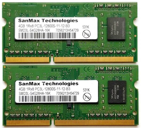 保証付き ノートパソコン用メモリー SanMax Technologies製 PC3L-12800S (DDR3L-1600) 4GB×2枚セット合計8GB No.5c45