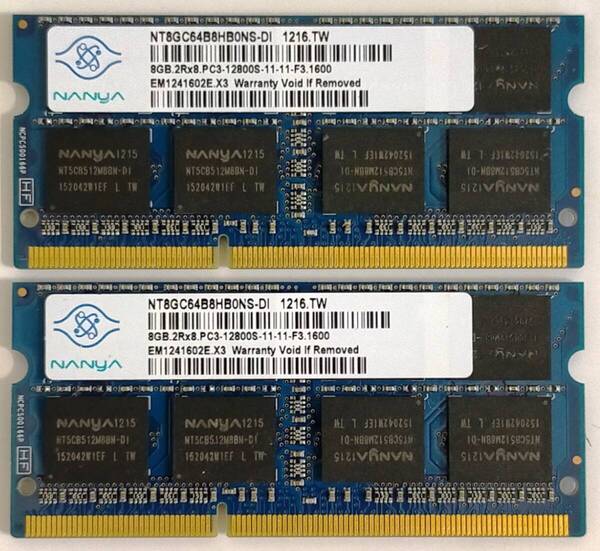 保証付き ノートパソコン用メモリー NANYA(ナンヤ)製 PC3-12800S (DDR3-1600) 8GB×2枚セット 合計16GB No.5c21
