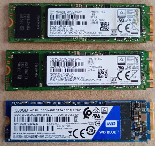 M.2 SATA SSD SAMSUNG 512GB 2枚、WesternDigital 500GB 1枚