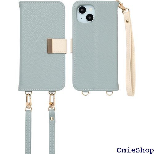 MINTY iPhone15 ケース 手帳型 ショルダー ストラップ バイカラー グレイッシュブルー×エクリュ 1930