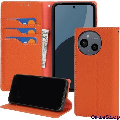 AQUOS sense9 レイシ紋様本革 ケース 手帳 カバー カードスロット、キックスタンド レザー オレンジ 2591