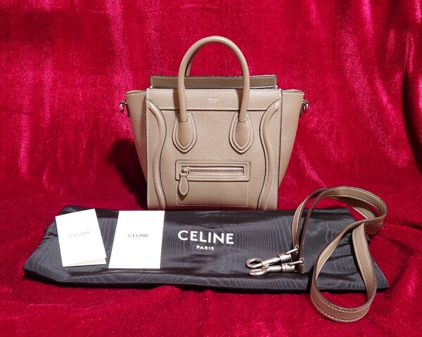 CELINE セリーヌ ラゲージ ナノショッパー レザー 2WAY ハンドバッグ ショルダーバッグ グレージュ グレー ベージュ スリ
