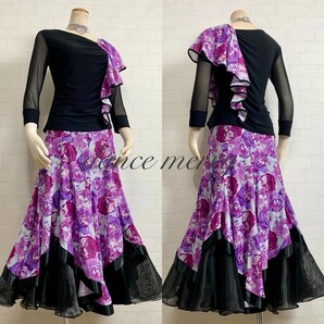★送料無料★【MERRY】 社交ダンス ツーピース 黒 紫 ピンク 白 2617 トップス スカート レッスン パーティ 衣装 フリル タンゴ ワルツ