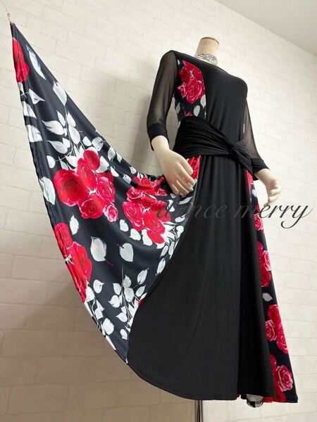 ★送料無料★【MERRY】 新品 社交ダンス ワンピース 黒 赤 白 2217 レッスン パーティ タンゴ ステージ スタンダード 衣装 ドレス