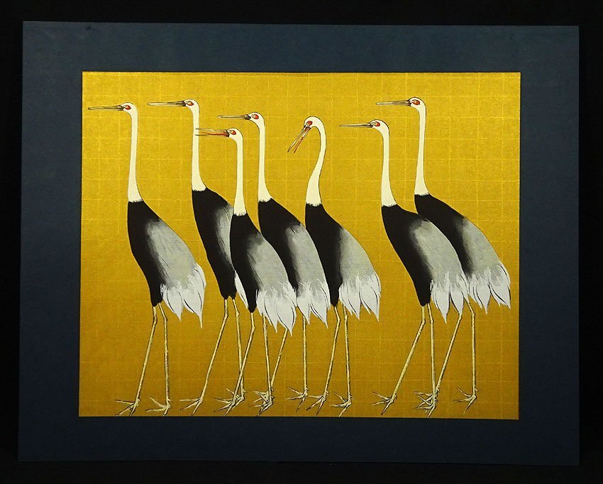 No3993額装 門脇俊一 彩色木版画 「阿寒の丹頂鶴」 絵画 古美術