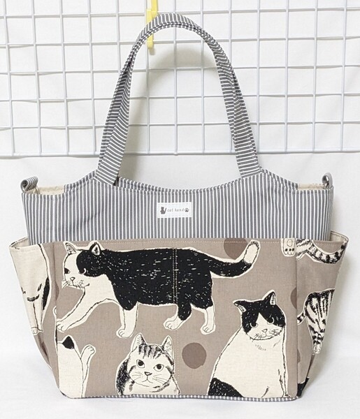 BIG猫・ヒッコリー カラーデニム・グレイのサイドポケット付きトートバッグW・ハンドメイド