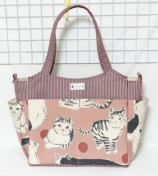 BIG猫・ヒッコリー カラーデニム・ガーネットのサイドポケット付きトートバッグW・ハンドメイド