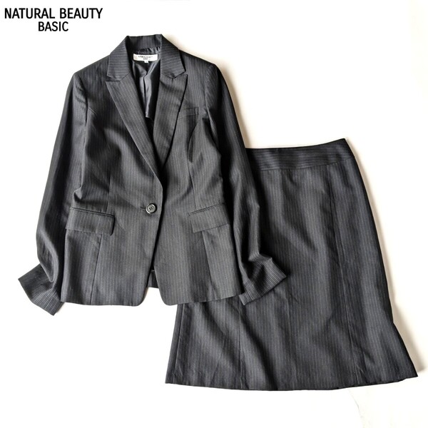 NATURAL BEAUTY BASIC ナチュラルビューティーベーシック ピンストライプ スーツ セットアップ シルク混 L