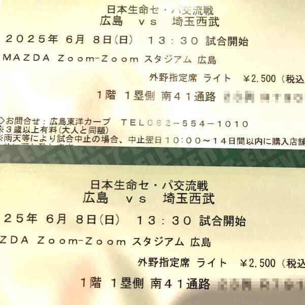 【手渡可】広島カープ対西武ライオンズ6月8日(日)外野指定席ライト2枚
