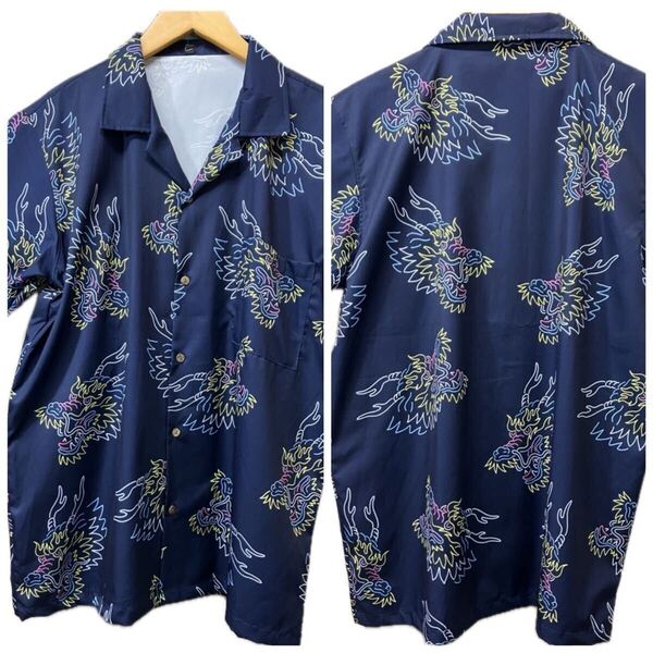 XL/新品/ネオンドラゴン柄/龍/80's/ポリエステルシャツ/ オープンカラー アロハシャツ