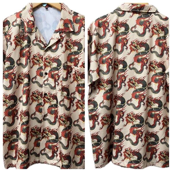 XL/新品/和柄/龍/ドラゴン柄/ポリエステルシャツ アロハシャツオープンカラー
