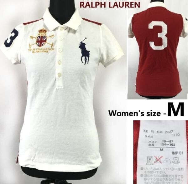 日本正規代理店タグ★RALPH LAUREN/ラルフローレン★ビッグポニー刺繍/半袖ポロシャツ【レディースM/白×赤】インパクト21/Tops◆pBH955