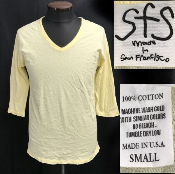 サンフランシスコ/USA製★sfs/ハリウッドランチマーケット取扱い★七分袖/ロング丈Tシャツ【メンズS/黄色/長袖/半袖/Vネック】Tops◆pBH705