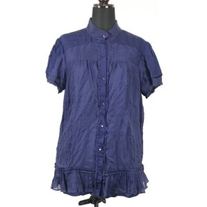 DIANE VON FURSTENBERG★100%シルク/半袖シャツ/フリル【レディースL/10/紺/ネイビー】◆BG627