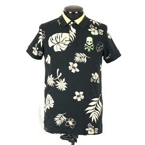 ハイドロゲン★半袖ポロシャツ【メンズS/アロハ/ドクロ/ボタニカル/黒×ベージュ】/HYDROGEN◆BG840