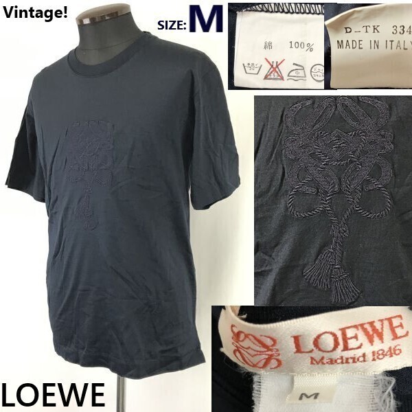 美品/90s/Vintage/日本正規代理店タグ★LOEWE/ロエベ★アナグラムロゴ/半袖Tシャツ【メンズM/dark/navy】カットソー/服/Tops/Shirt◆sBH944