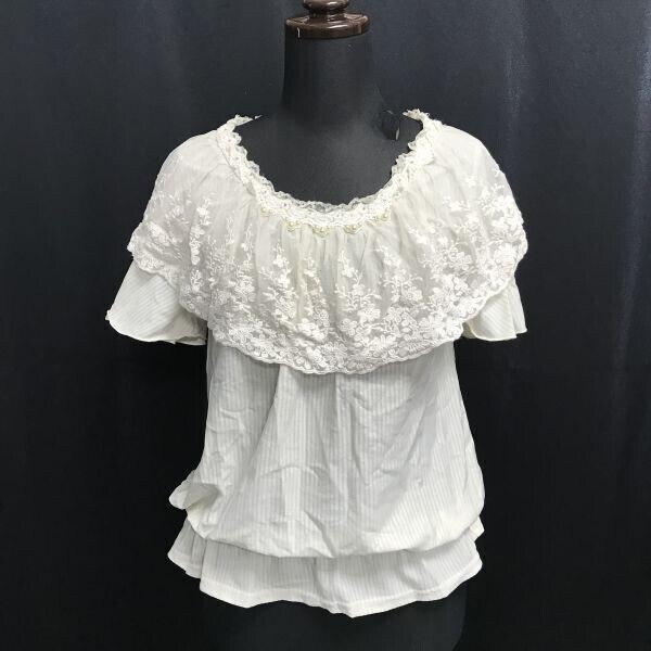 アクシーズファム/axes femme★レース/ケープカラー/半袖チュニック【レディースM/アイボリー/ストライプ】カットソー/Tops/Shirts◆BH977