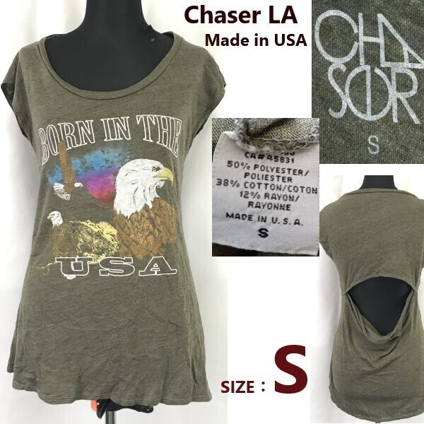 USA製★Chaser LA/チェイサー★背中開き/半袖Tシャツ/カットソー【レディースS/カーキ/khaki】BORN IN THE USA/Tops/Shirts◆sBH934