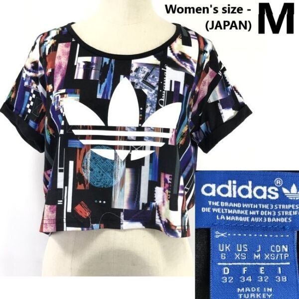 トルコ製★アディダス/adidas originals★総柄プリント/トレフォイル/ショート丈/半袖Tシャツ【レディースM/黒マルチ】Tops/Shirts◆SBH859
