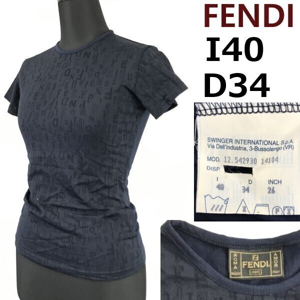 イタリア製★FENDI/フェンディ★半袖Tシャツ/カットソー【40/レディースM-L/ネイビー/navy】文字プリント/Tops/Shirts◆sBH950