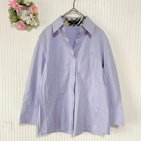 60-07 -大特価ー 美品★ バーバリーロンドン レディース Yシャツ (M) ノバチェック パープル BURBERRY LONDON カットソー 綿 三陽商会