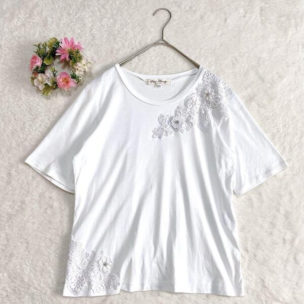 ー大特価ー 良品★大きいサイズ 【Super Beauty】 スーパービューティ レディース コットン カットソー シャツ (XL) ビジュー 刺繍 白 半袖