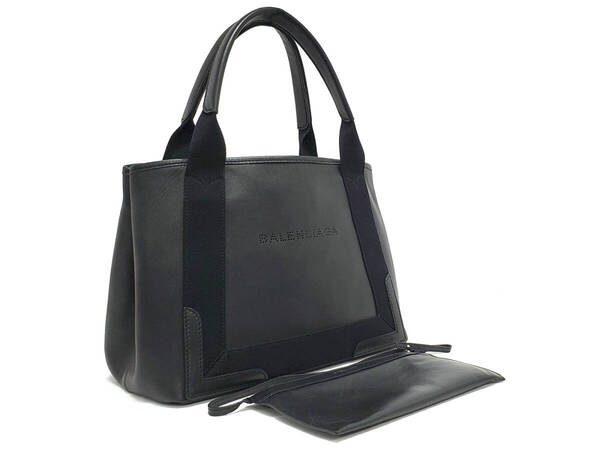 KD2489-345069◆極美品【バレンシアガ】ネイビーカバスS ハンドバッグ 339933・トートバッグ◆ポーチ付・レザー・ブラック