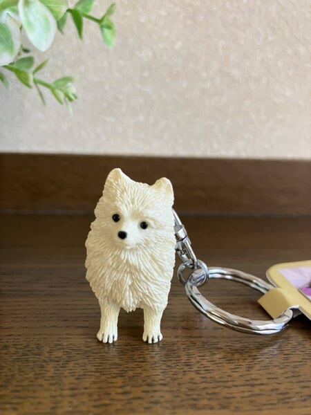 かわいい犬のフィギュアキーホルダー♪ ポメラニアン ホワイト キーリング