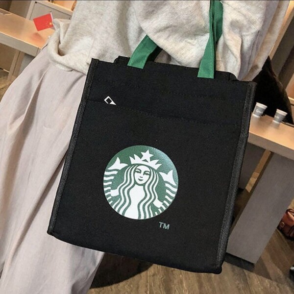 新品 スタバ トートバッグ 黒 ランチバッグ ハンド バック キャンバス ファスナー式 ブラック