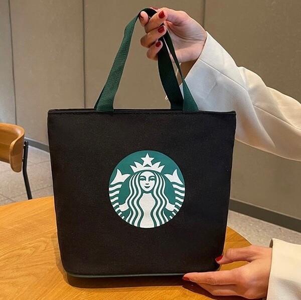 新品 スタバ トートバッグ ランチバッグ ハンド バック ブラック キャンバス 男女兼用 大容量 黒 弁当バッグ かばん ファスナー