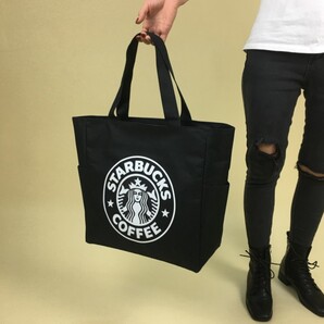 新品スタバ トートバッグ 黒 エコバック ビッグサイズ 買い物袋 ブラック キャンバス 大人気 開口部ファスナー式