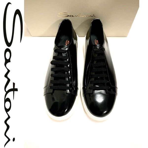 新品未使用 12.8万円 サントーニ Santoni 最高級ライン パテントレザー ローカット ビジネスシューズ ブラック スニーカー 正規店購入品