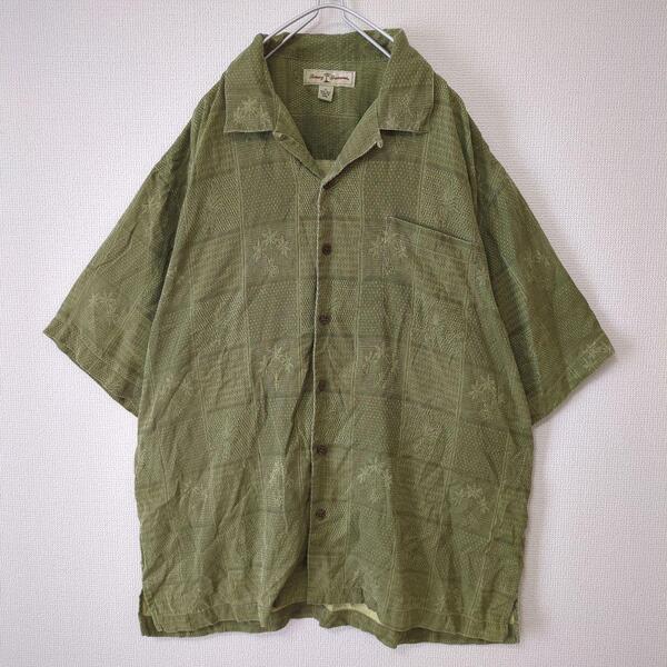 TommyBahama トミーバハマ アロハシャツ 半袖 チェック 総柄 シルク100% ウッドボタン カーキ 深緑 XL メンズ 古着 大きいサイズ