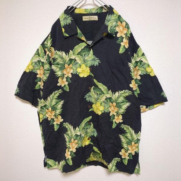 TommyBahama トミーバハマ アロハシャツ 半袖 総柄 花柄 黒 ブラック 開襟 シルク100% 古着 XLサイズ メンズ 大きいサイズ