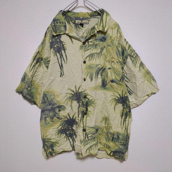 TommyBahama トミーバハマ アロハシャツ 半袖 開襟 シルク100% ウッドボタン 総柄 ヤシの木 黄色 イエローXL メンズ 古着