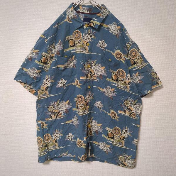 TommyBahama トミーバハマ アロハシャツ 半袖 総柄 花柄 ダブルポケット XLサイズ 青 ブルー古着 メンズ