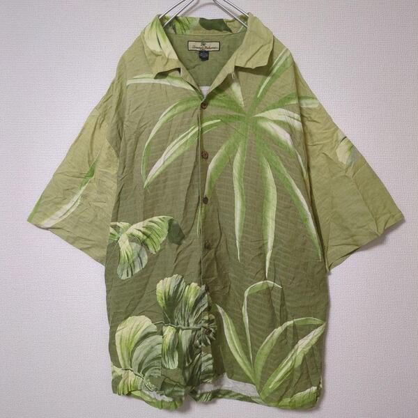 シルク100% TommyBahama トミーバハマ アロハシャツ 半袖 ウッドボタン 開襟 リーフ 緑 グリーン XLサイズ 大きいサイズ メンズ 古着