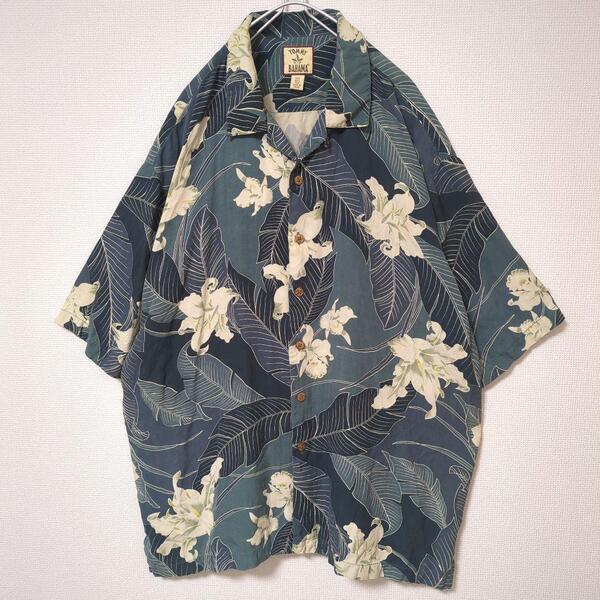 TommyBahama トミーバハマ アロハシャツ 半袖 花柄 総柄 シルク100% ウッドボタン オープンカラー 大きいサイズ 2XL メンズ 古着