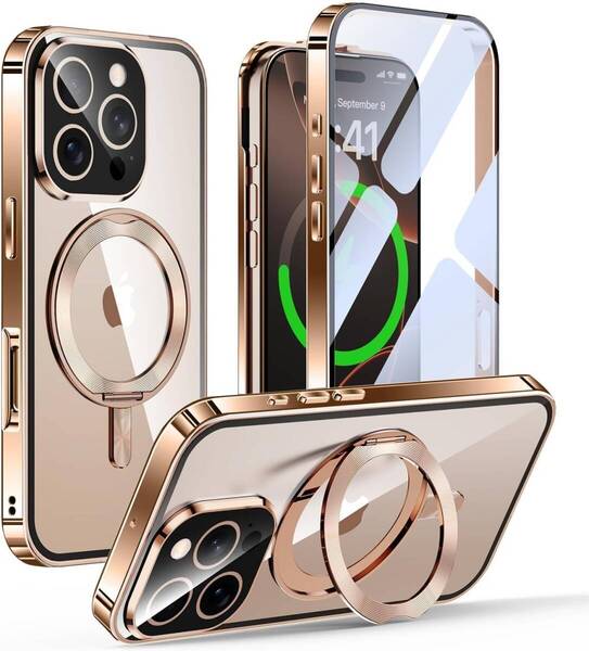 iPhone 16 Pro 用 ケース 両面保護 MagSafe対応 CDリング 360°回転スタンド 自動ポップアップロック付き